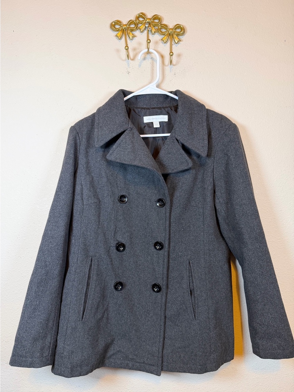 New York & Company Charcoal Double-Breasted Peacoat. Size L
